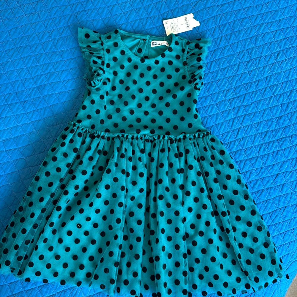 Epic threads girls emerald green with black polka dot dress. Size 5